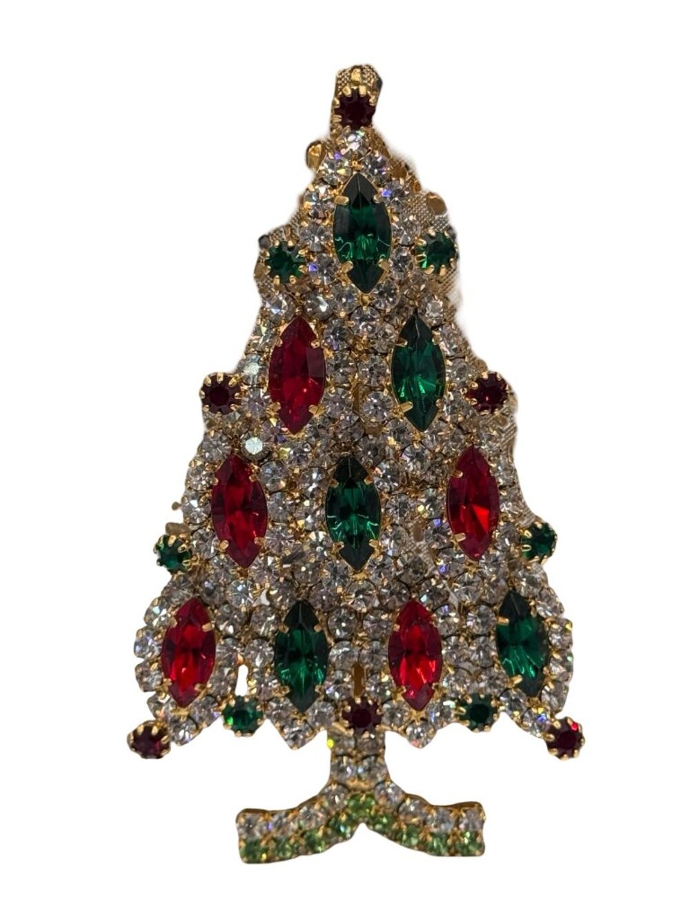 Vtg Rhinestone Christmas Tree Brooch Pin Red Green Statement 4" Eisenberg Ice